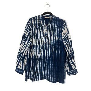 Soft Surroundings Womens Top S Small Blue Tie Dye Tunic Front Button Long Sleeve